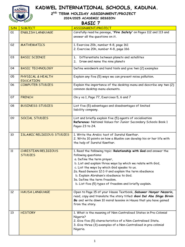 2024/2025 Basic 7 Holiday Assignments | PDF | Reproduction