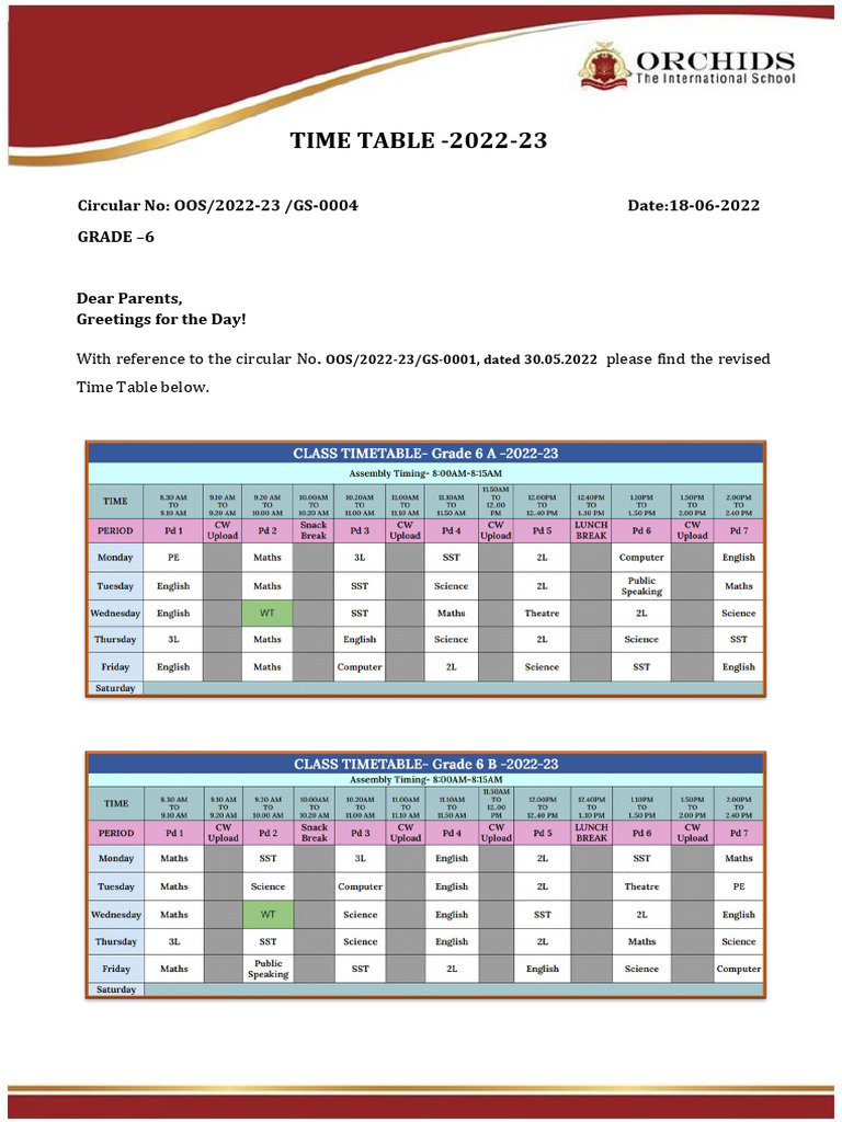 Revised Time Table Grade 6 | PDF