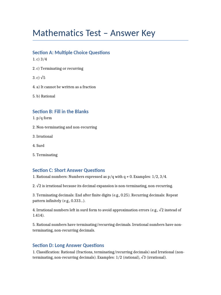 Maths Test 2 Answers | PDF