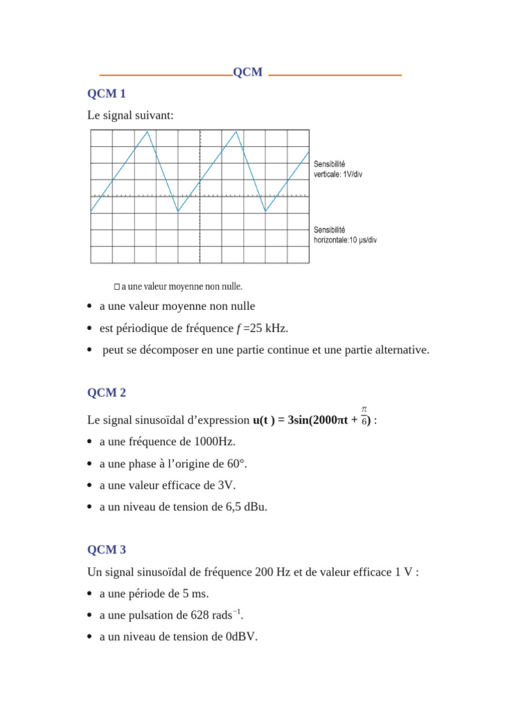 QCM et Exercices sur les Signaux Électriques | PDF | Fréquence ...