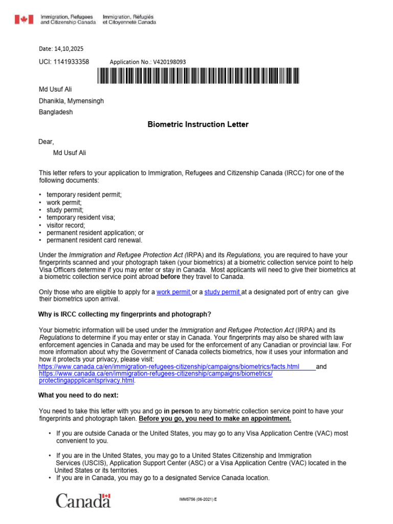 MD Usuf Ali Biometric Instruction Letter | PDF | Immigration | Human ...