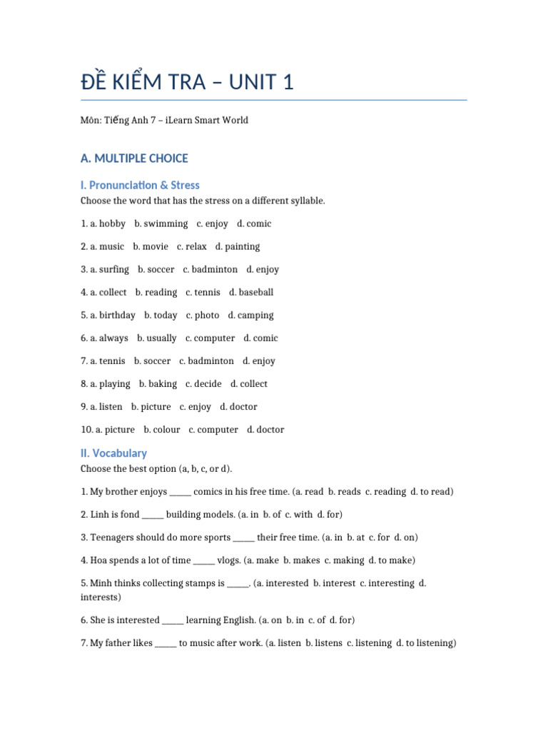 English Test for Grade 7: Unit 1 | PDF | Workweek And Weekend | Linguistics