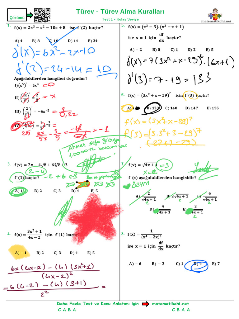 Türev Alma Kuralları Test 1 K | PDF