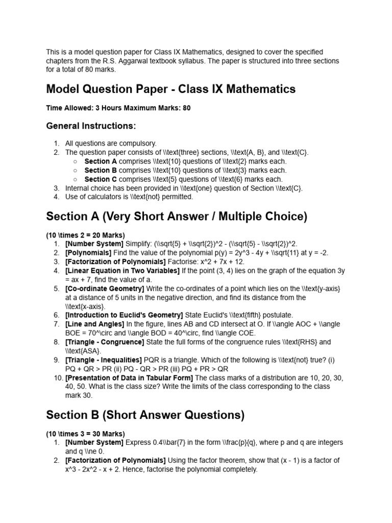 Class IX Mathematics Model Paper | PDF | Triangle | Factorization