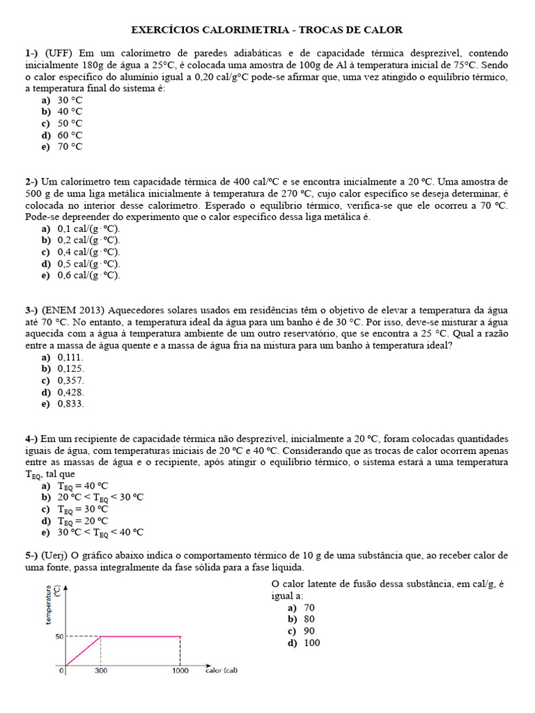 Exercícios de Calorimetria e Trocas Térmicas | PDF | Calor | Calorimetria