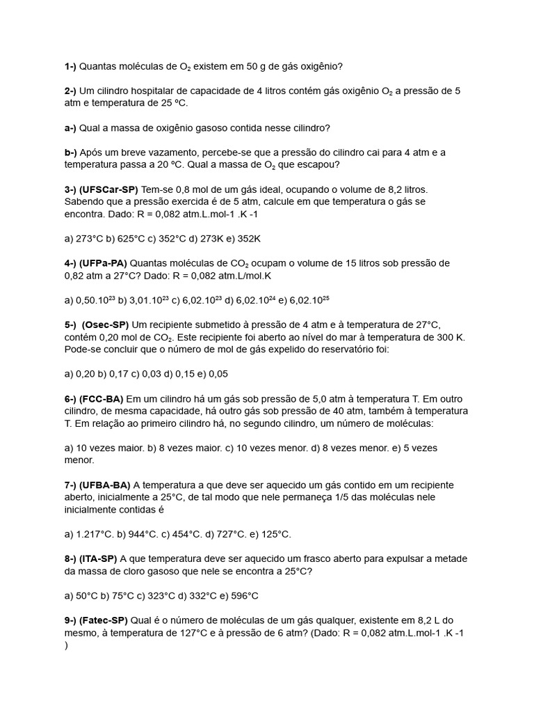 Exercícios sobre Equação de Clapeyron | PDF | Gases | Pressão
