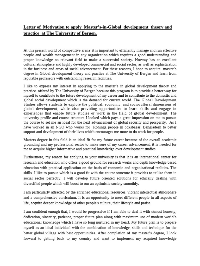 Motivation Letter For University of Bergen | PDF | Knowledge ...