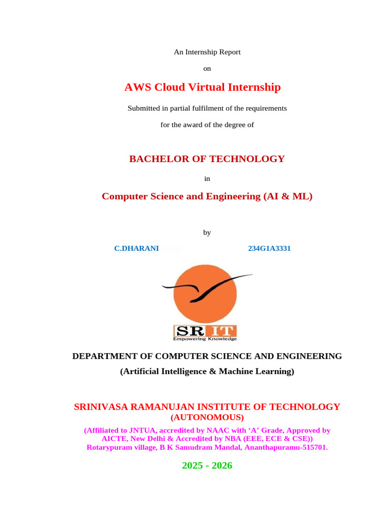 AWS Cloud Virtual Internship: Bachelor of Technology | PDF