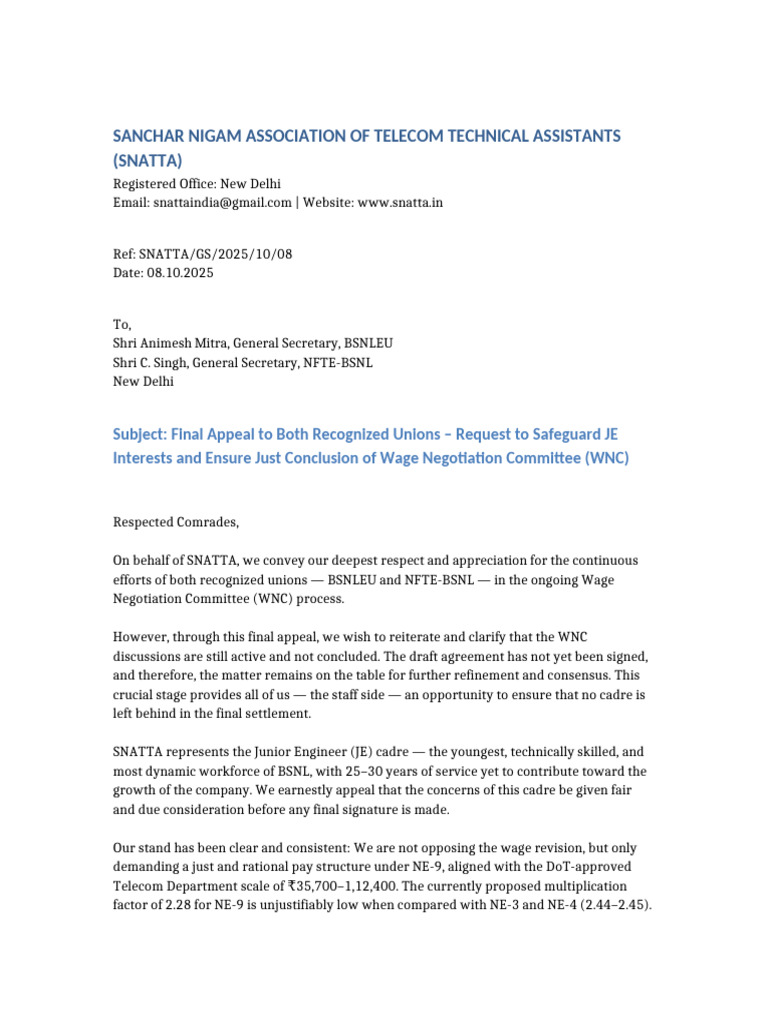 Snatta Final Appeal To BSNL Eu Nfte 081025 | PDF