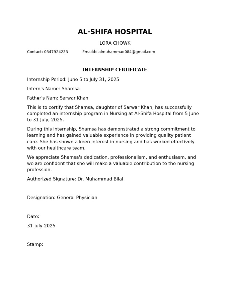 Internship Certificate for Nursing at Al-Shifa | PDF