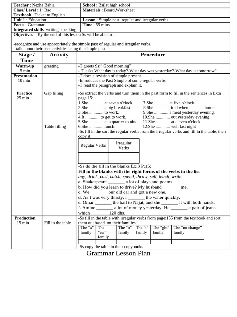 Simple Past Verbs Lesson Plan | PDF | Syntax | Grammar