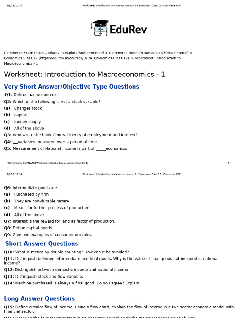 Worksheet - Introduction To Macroeconomics - 1 - Economics Class 12 ...