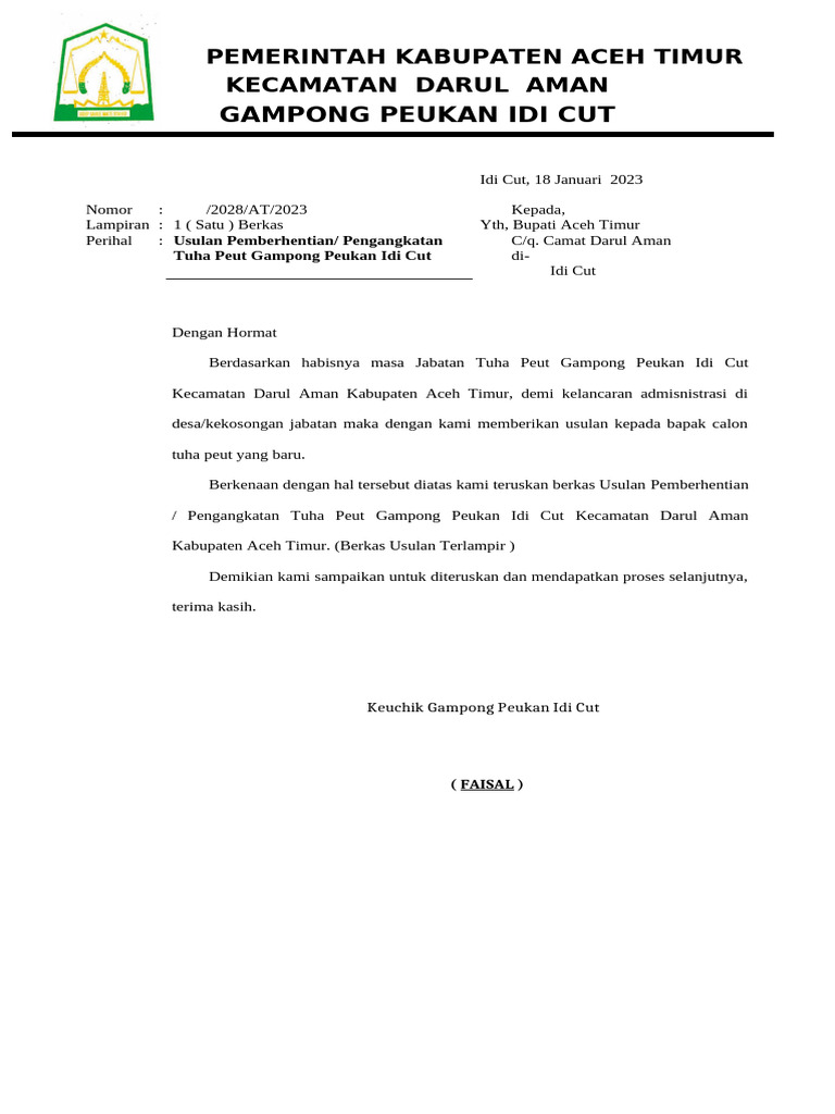 Usulan Pengangkatan Tuha Peut Aceh Timur | PDF