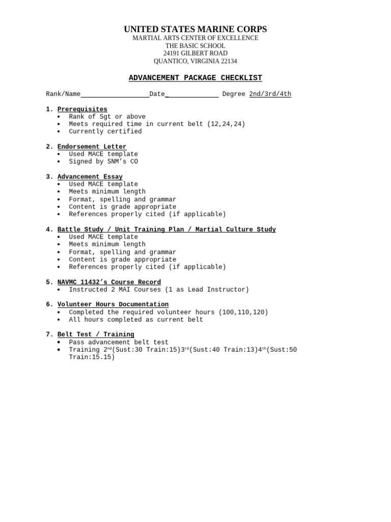 Marine Corps Martial Arts Advancement Checklist | PDF