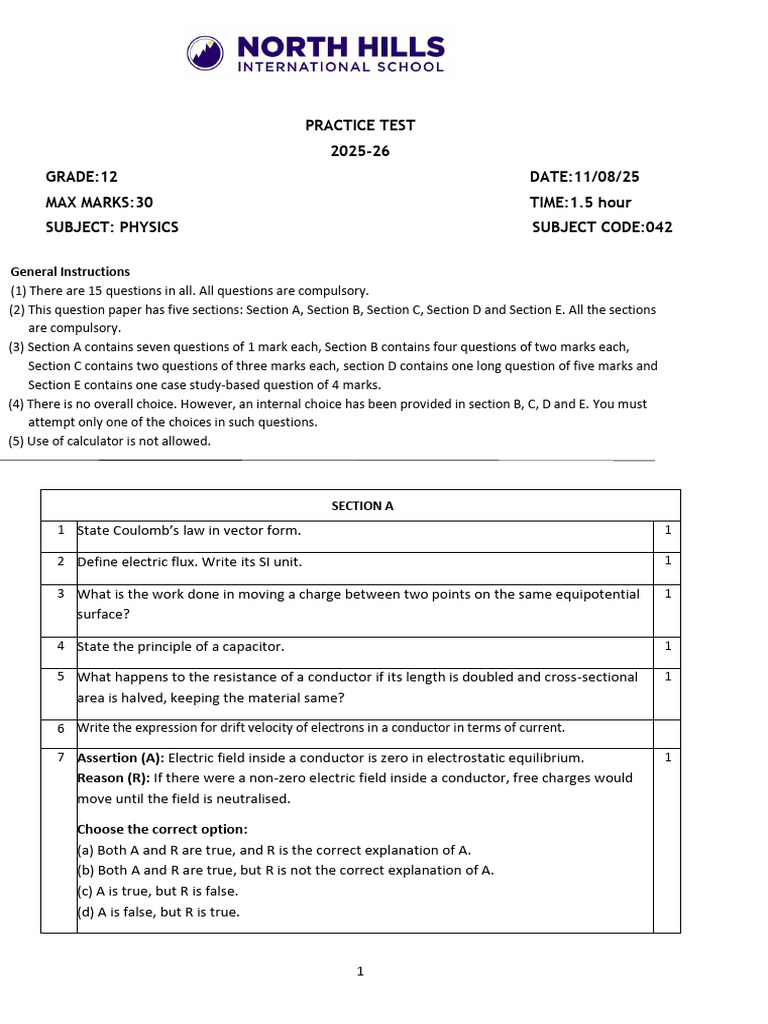 Grade 12 Physics Practice Test 2025-26 | PDF | Capacitance | Capacitor