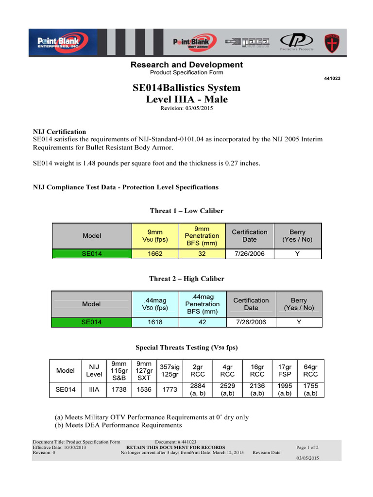 SE014 Ballistics System Level IIIA | PDF