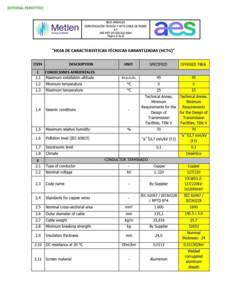 Technical Specs for AT Power Cable | PDF | Electric Power Transmission ...