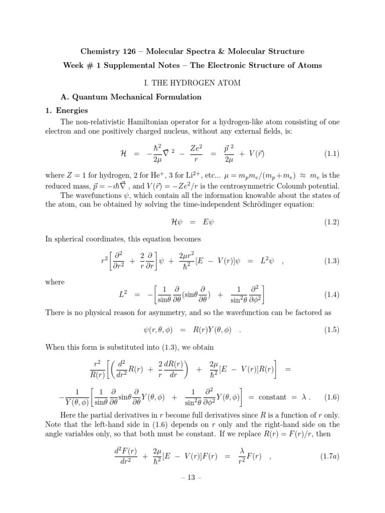 Ch126 Week1 Supplement Atomicstructure | PDF | Atomic Orbital | Hartree ...