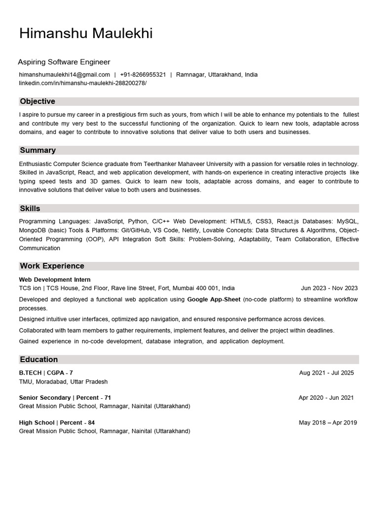Aspiring Software Engineer Profile | PDF | Web Development | Computing