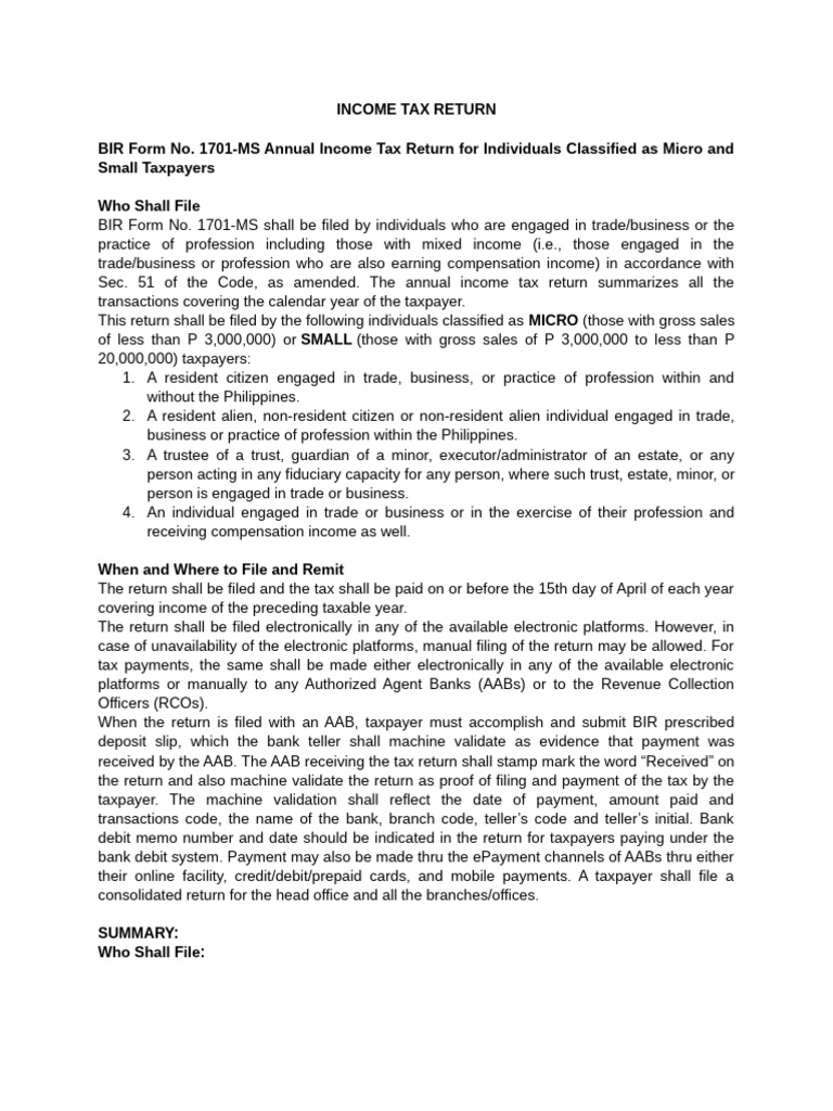 BIR Form 1701-MS: Income Tax Guide | PDF | Payments | Taxes