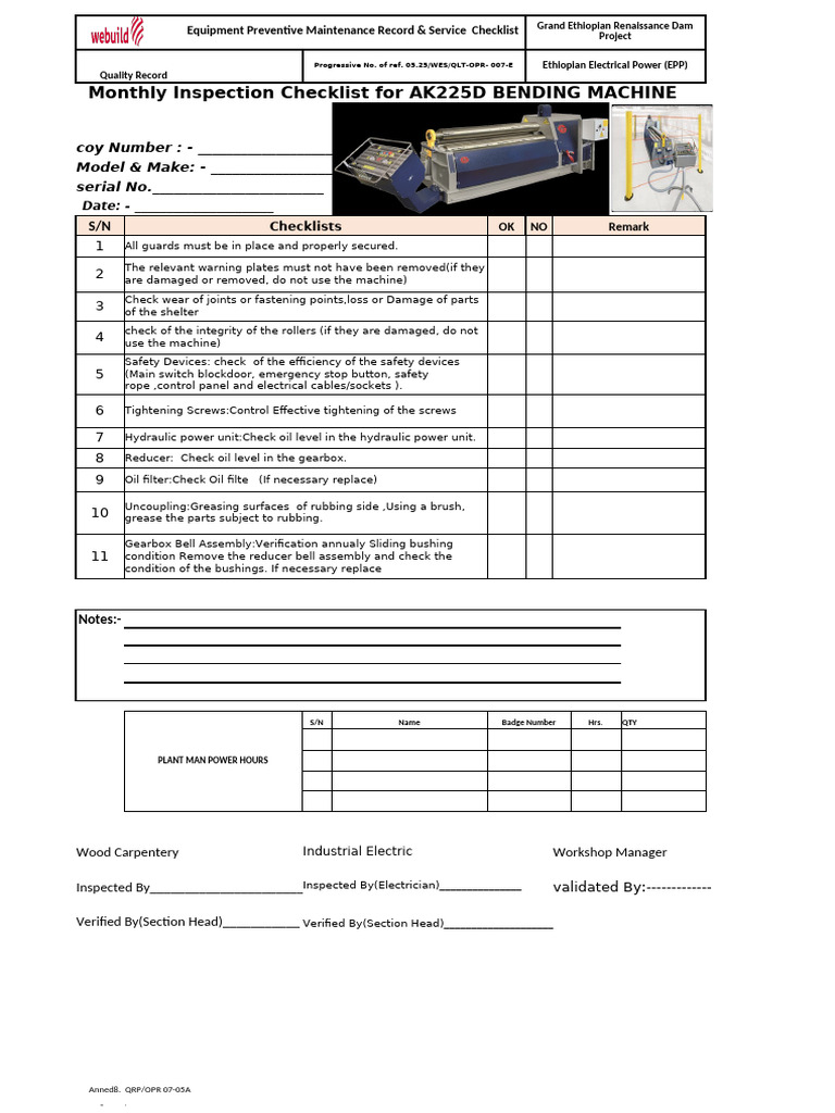 Bending Machine Maintenance Checklist | PDF | Equipment | Machines