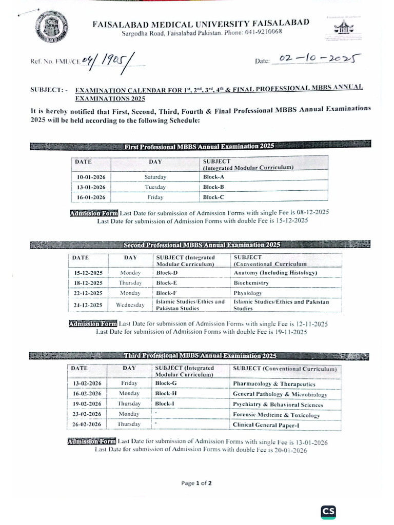 MBBS Date Sheet Annual 2025 | PDF