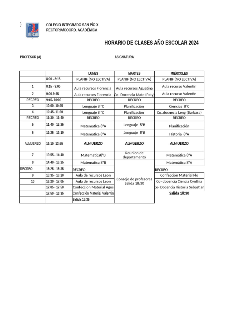 Horario Clases 2024 Colegio San Pío X | PDF