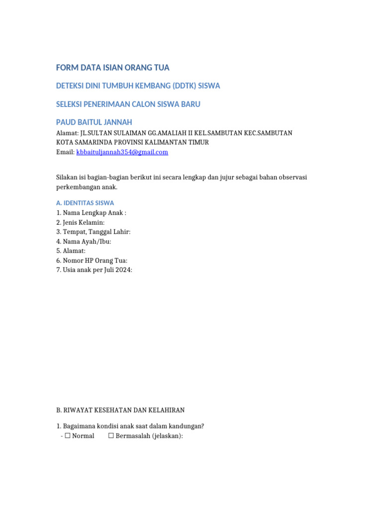 Form Ddtk Lengkap Paud Baitul Jannah Pdf