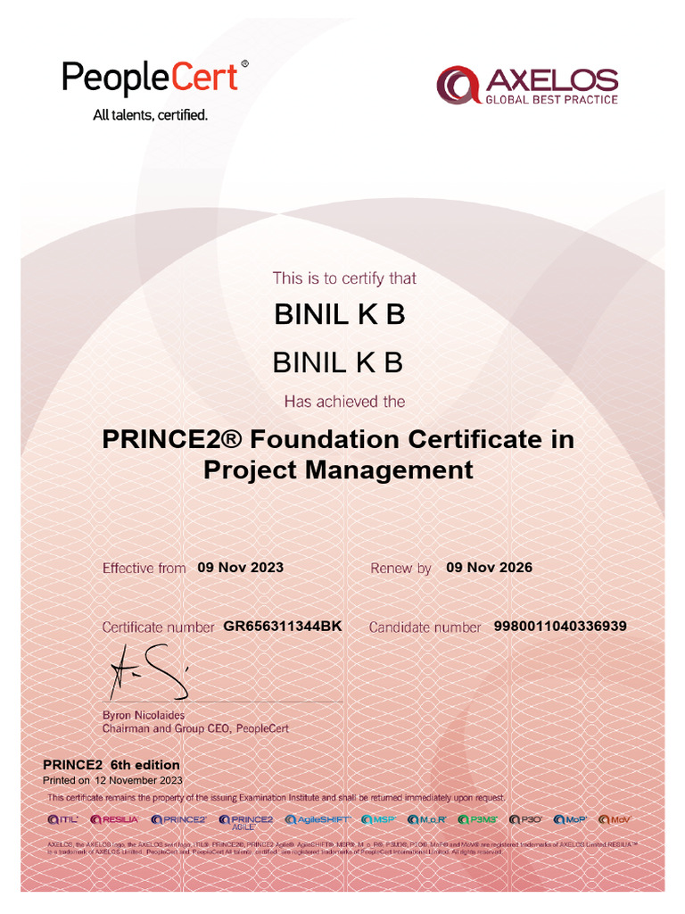 PRINCE2 Foundation Certificate Details | PDF