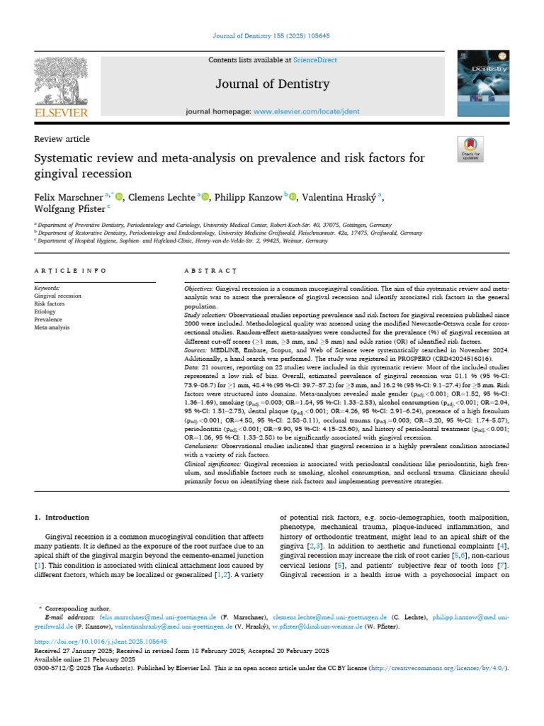 Prevalence and Risk Factors of Gingival Recession | PDF | Systematic ...