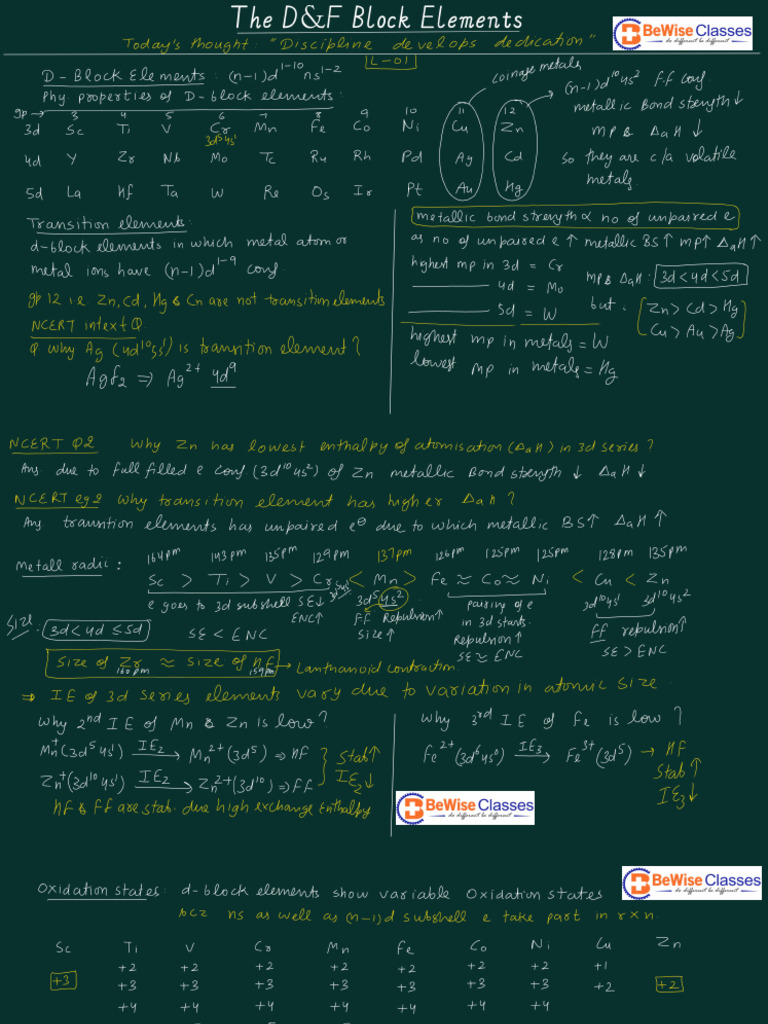 D & F Block Elements Revision One Shot Notes | PDF