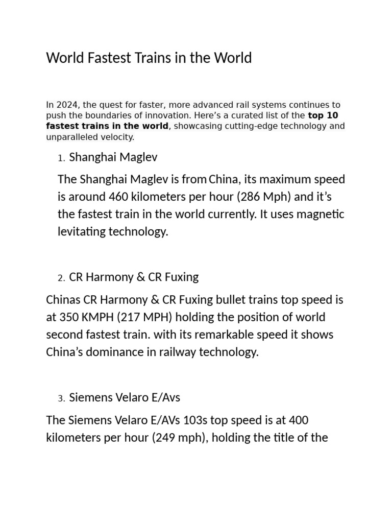 Top 10 Fastest Trains Worldwide | PDF | High Speed Rail | Train