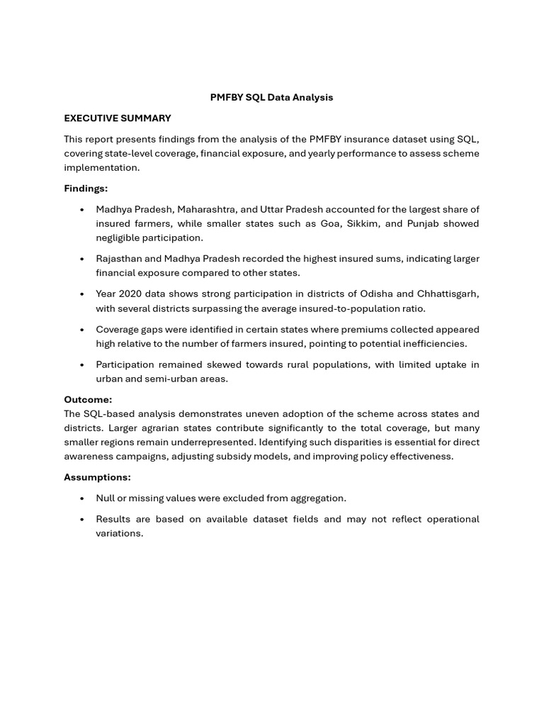 PMFBY Insurance Data SQL Analysis | PDF