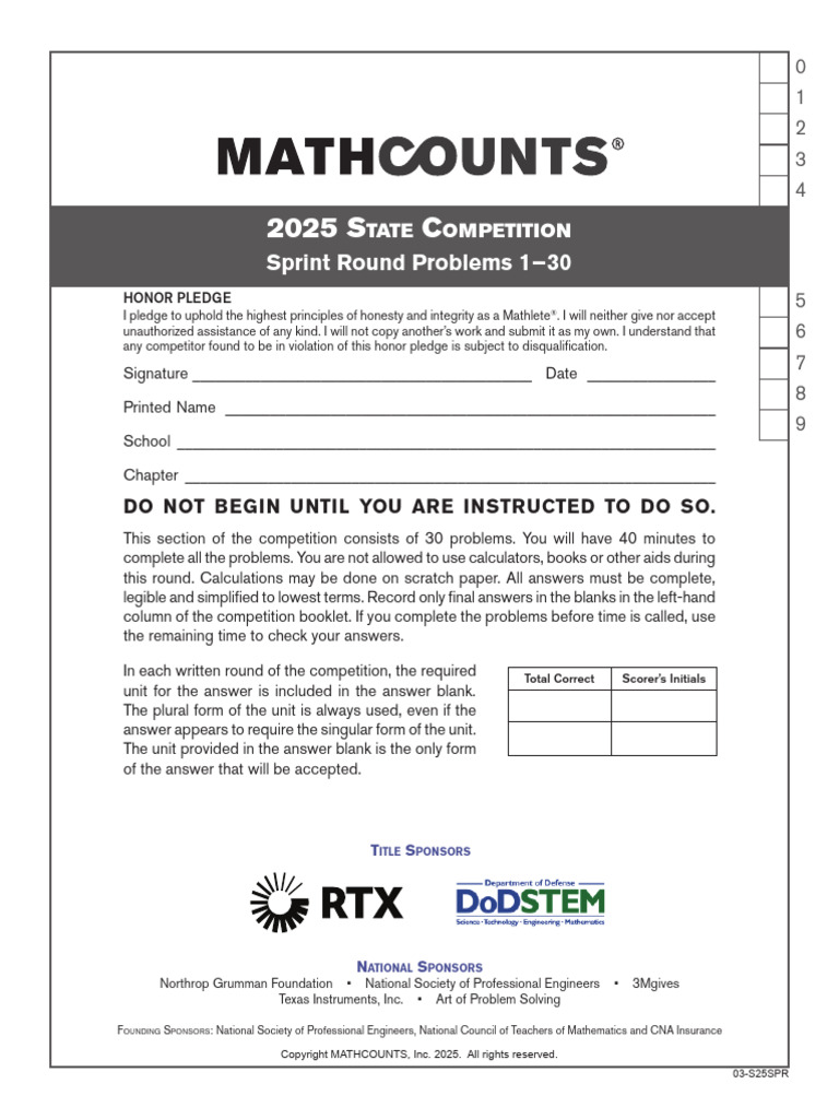 2025 Mathcounts Sprint Round Details PDF Arithmetic Number Theory