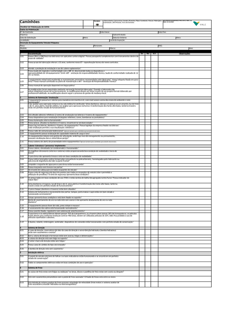 Checklist de Mobilização de Equipamentos | PDF | Motores | Freio