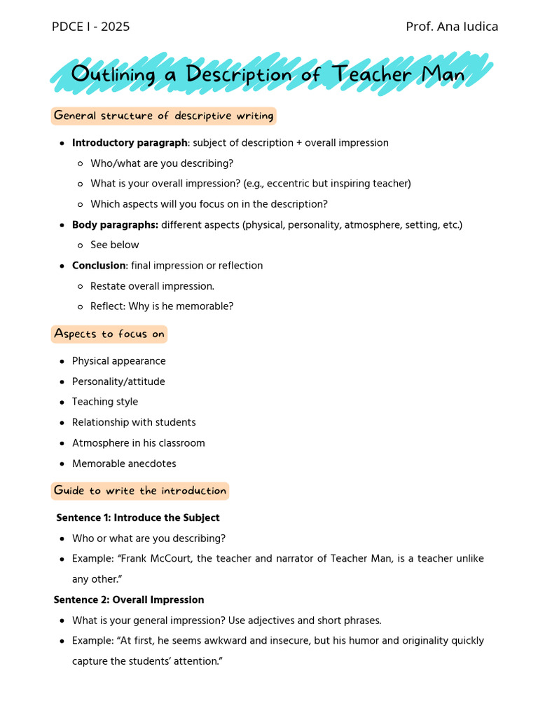 Outlining A Description - Teacher Man | PDF | Cognition | Human ...