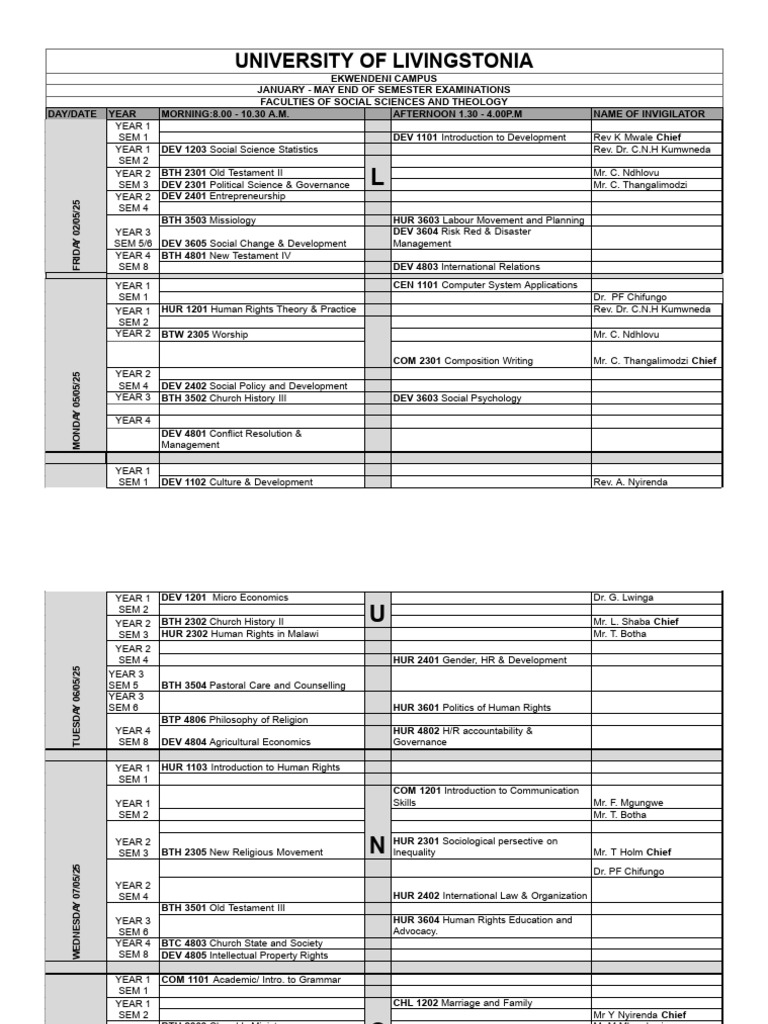 End of Semester Timetable 2025 (1) - 011740 | PDF | Liberal Arts Education