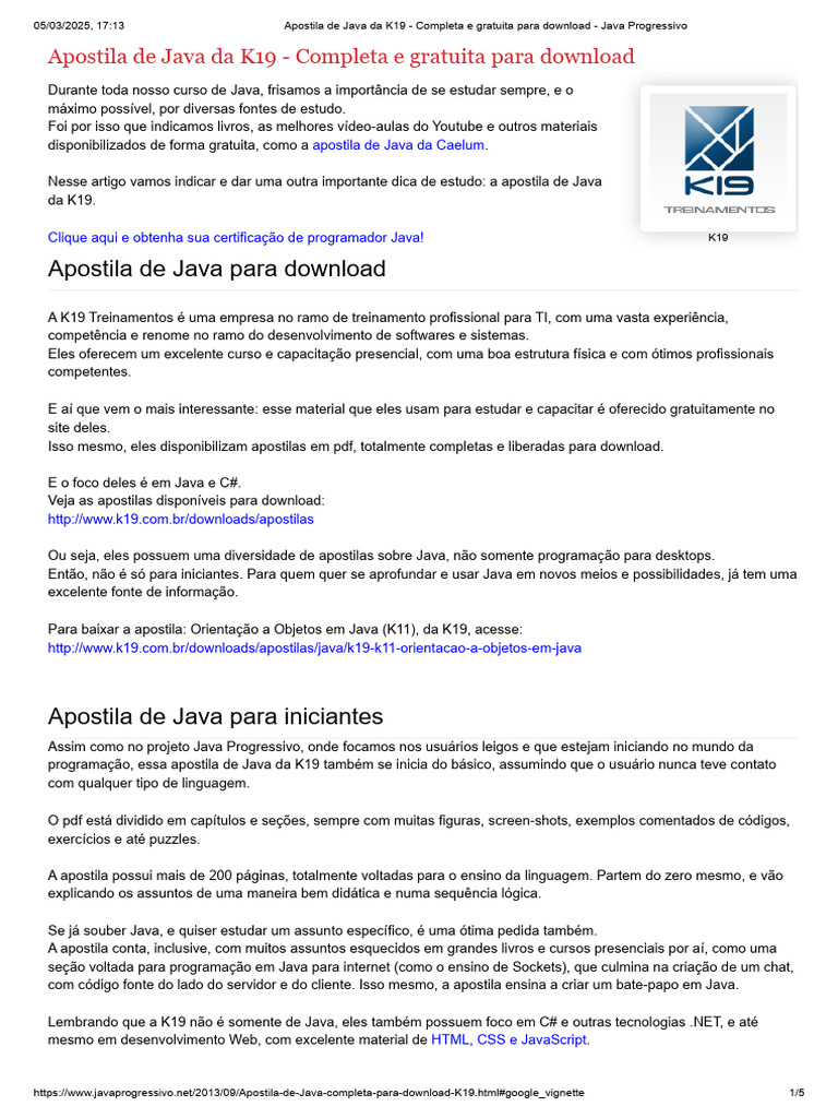 Apostila de Java K19: Download Grátis | PDF | Java (linguagem de ...