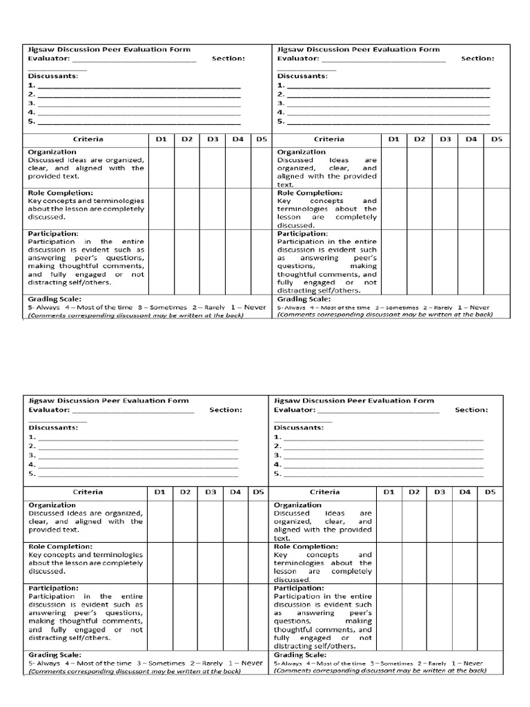 Jigsaw Discussion Peer Evaluation Form | PDF