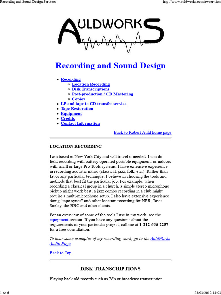 Recording and Sound Design Services | PDF | Sound Recording And ...