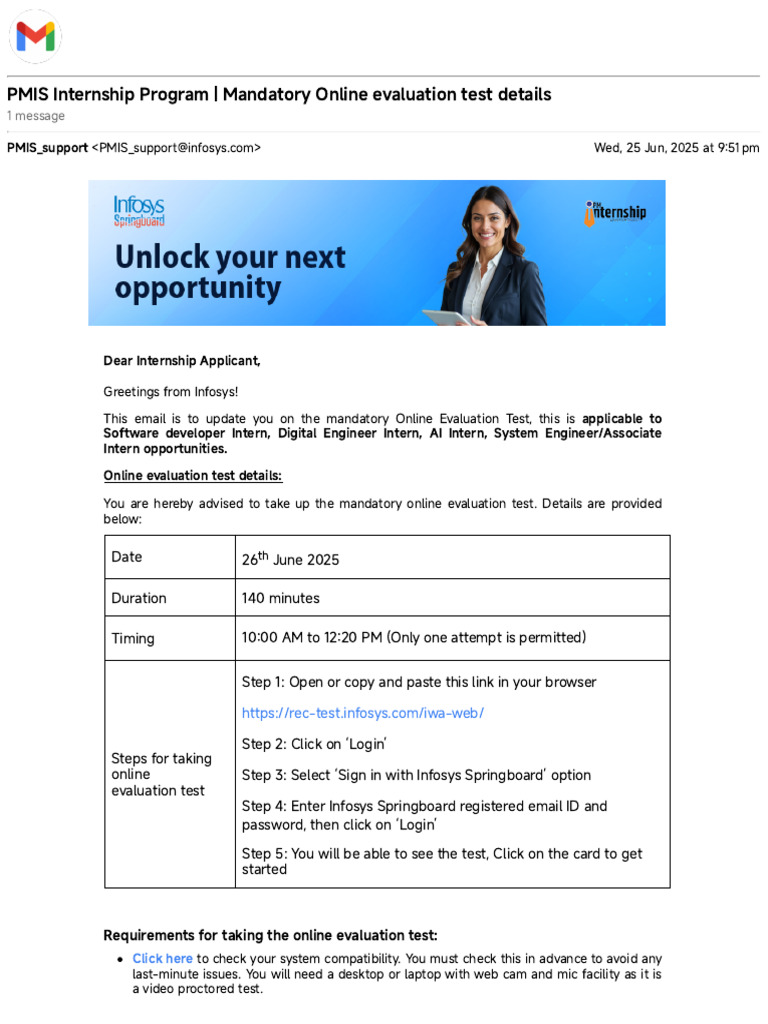 Infosys PMIS Internship Test Details | PDF | Computing | Software