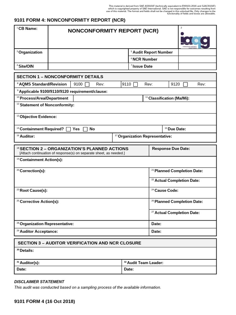 Nonconformity Report (NCR) Template | PDF | Audit