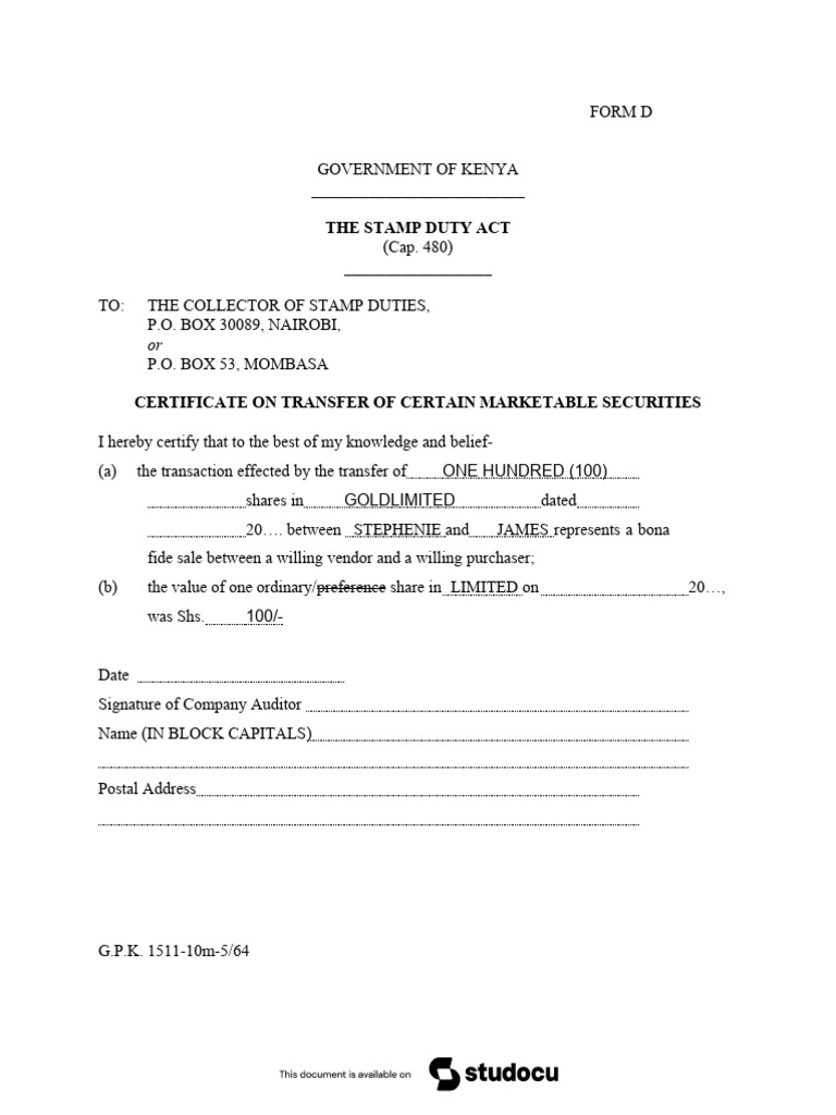 Form D: Transfer of Shares Kenya | PDF
