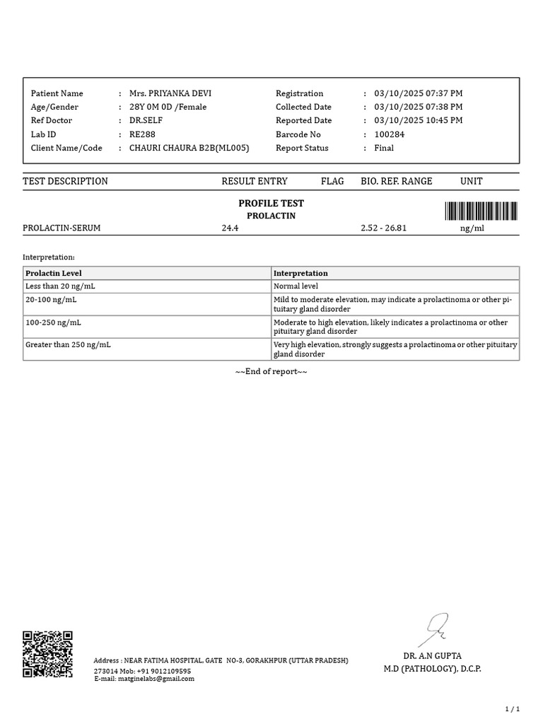 Prolactin Serum Test Report for Priyanka Devi | PDF