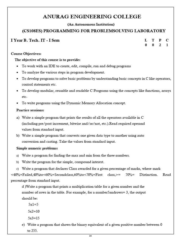 C Programming Problem Solving Lab Guide | PDF | Matrix (Mathematics ...
