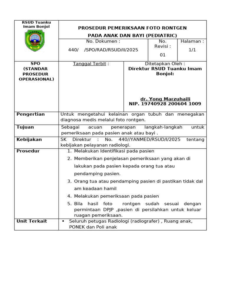 Prosedur Rontgen Anak di RSUD Tuanku | PDF