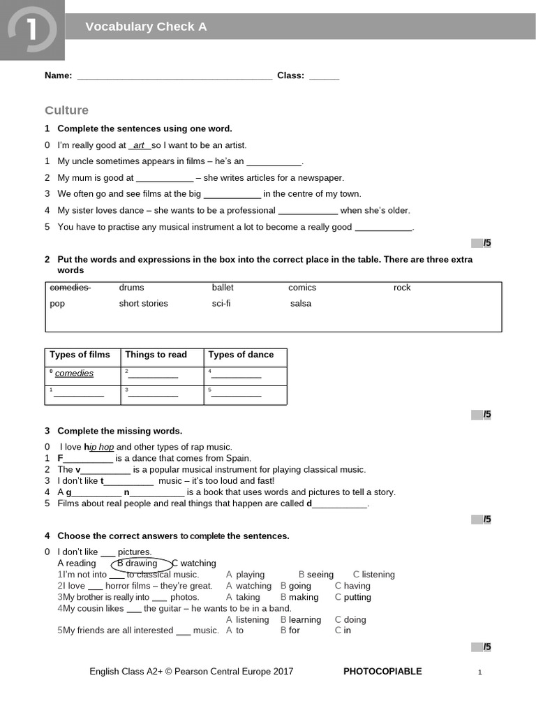 ECA2+ Tests Vocabulary Check 1A | PDF
