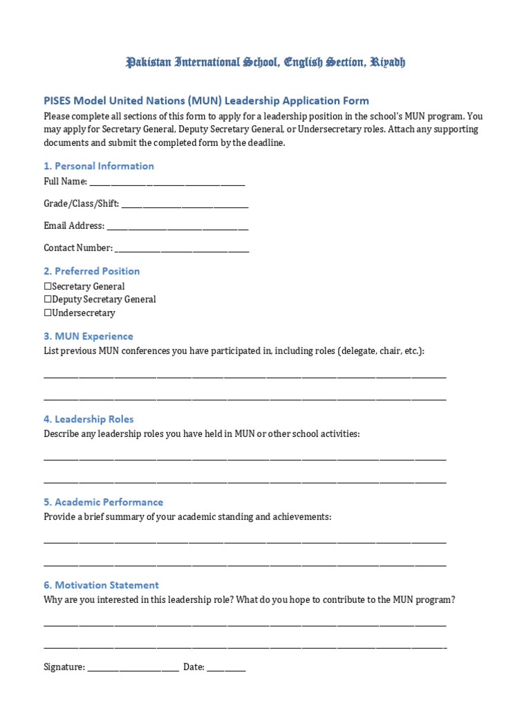PISES MUN Leadership Application Form | PDF