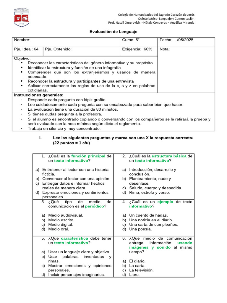 Evaluación de Lenguaje Quinto Básico | PDF | Comunicación | Infografia