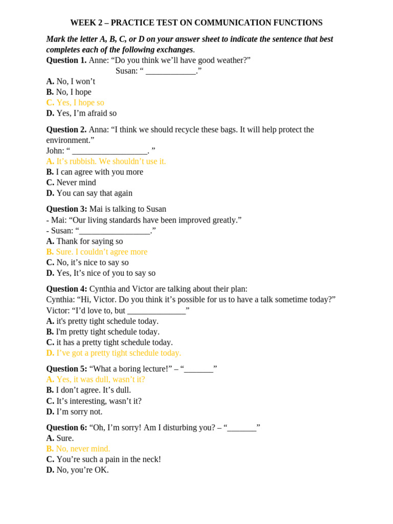Communication Functions Practice Test | PDF